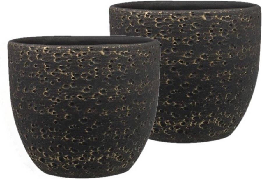 Ter Steege Set van 2x stuks plantenpotten bloempotten in het lava-look zwart Dia 29 cm en Hoogte 26 cm Voor binnen