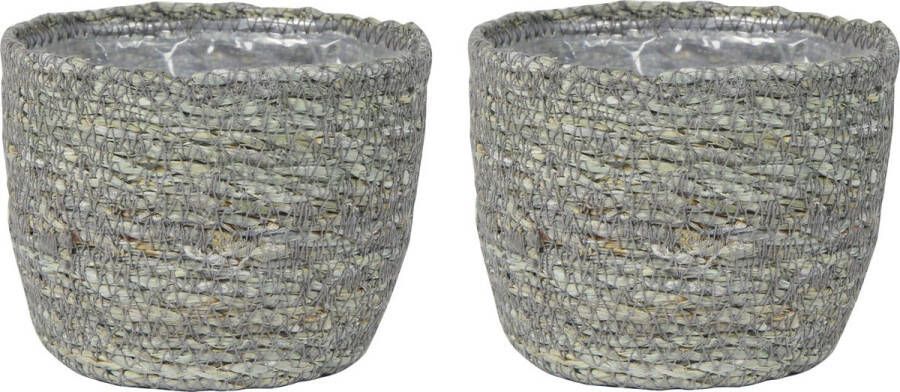 Ter Steege Set van 3x stuks plantenpot bloempot van jute zeegras diameter 13 cm en hoogte 10 cm ijsblauw grijs Met binnenkant van plastic