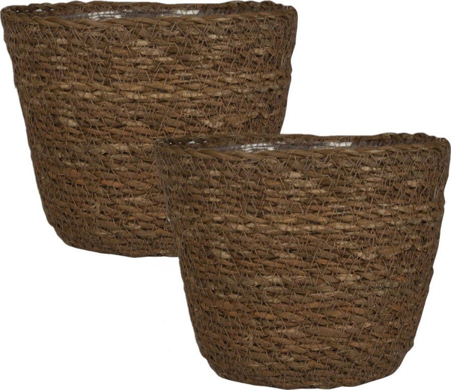Ter Steege Set van 3x stuks plantenpot bloempot van jute zeegras diameter 15 cm en hoogte 12 cm camel bruin Met binnenkant van plastic