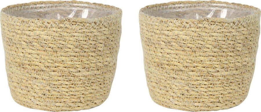 Ter Steege Set van 3x stuks plantenpot bloempot van jute zeegras diameter 15 cm en hoogte 12 cm creme beige Met binnenkant van plastic