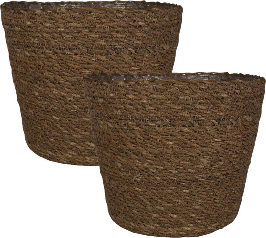 Ter Steege Set van 3x stuks plantenpot bloempot van jute zeegras diameter 18 cm en hoogte 16 cm camel bruin Met binnenkant van plastic