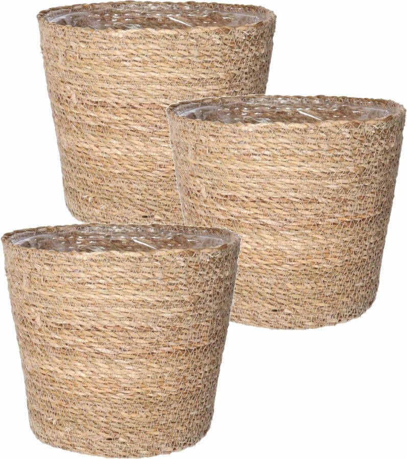 Ter Steege Set van 3x stuks plantenpot bloempot van jute zeegras diameter 22 cm en hoogte 19 cm creme beige Met binnenkant van plastic