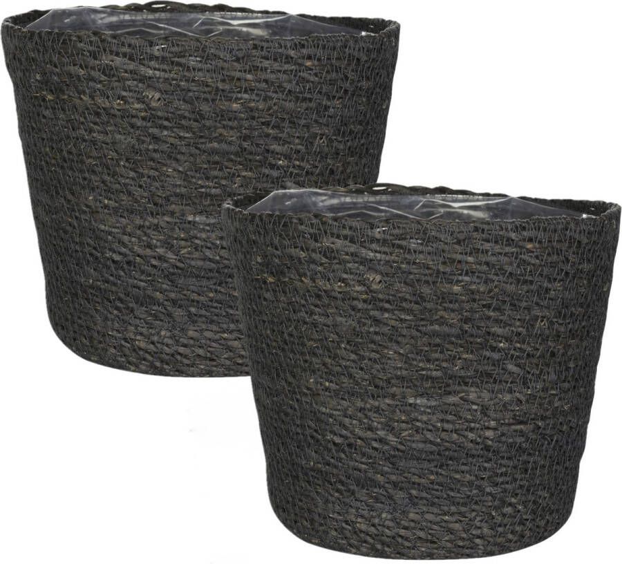 Ter Steege Set van 4x stuks plantenpot bloempot van jute zeegras diameter 15 cm en hoogte 12 cm grijs Met binnenkant van plastic