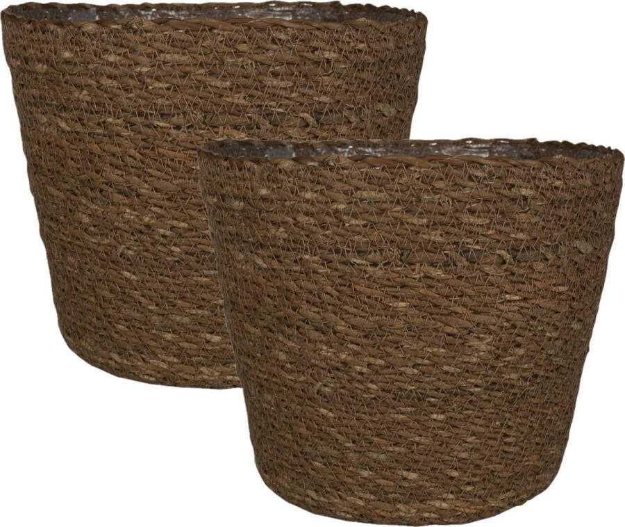 Ter Steege Set van 4x stuks plantenpot bloempot van jute zeegras diameter 22 cm en hoogte 19 cm camel bruin Met binnenkant van plastic