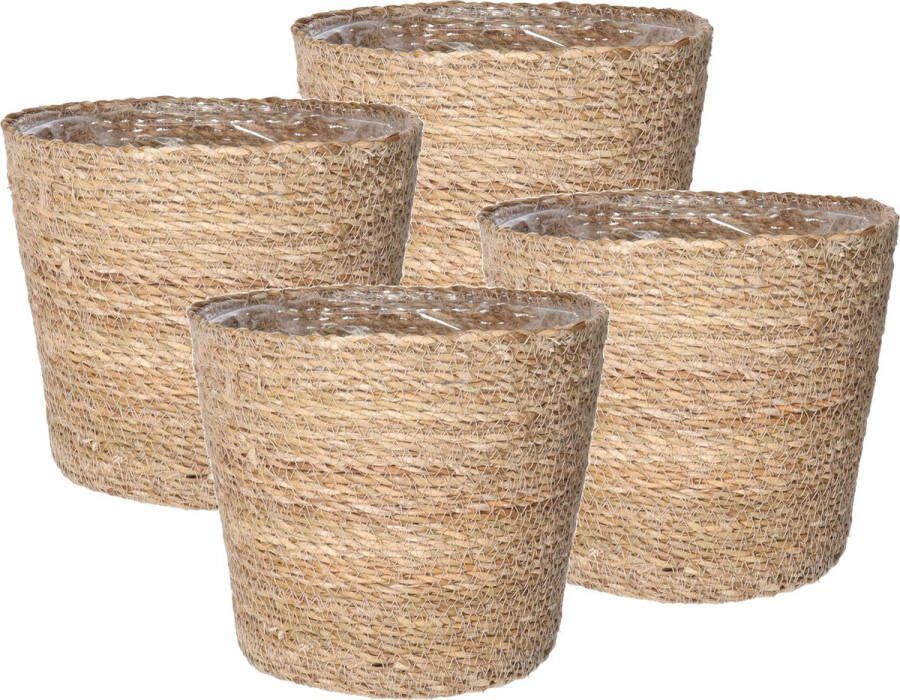 Ter Steege Set van 4x stuks plantenpot bloempot van jute zeegras diameter 22 cm en hoogte 19 cm creme beige Met binnenkant van plastic