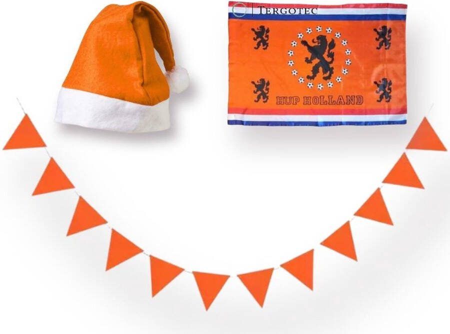 Tergotec De OranjeFan Versierpakket EK voetbal 2024 Oranje vlaggetjes 10m vlaggenlijn Oranje vlag 100x70cm Oranje kerstmuts WK 2024