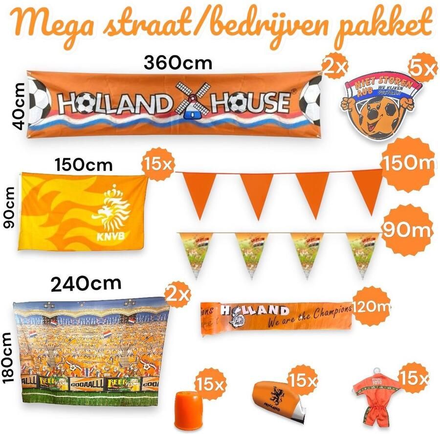 Tergotec De OranjeFan Giga Straat- en Bedrijvenpakket XXXXXL – 100-delig voor DE oranje supporter! EK voetbal 2024 oranje versiering oranje vlaggetjes vlaggenlijnen Nederlands Elftal EK 2024 oranje decoratie oranje vlag straatbanner