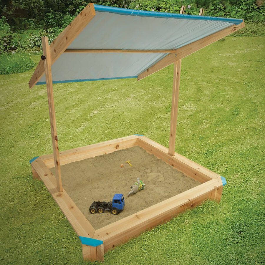 TERRA GARDEN Zandbak met Verstelbaar Dak Afsluitbaar Hout Buitenspeelgoed Tuin voor Jongens en Meisjes 116 x 116 cm