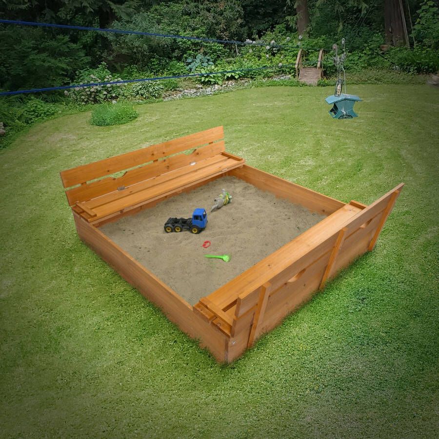 TERRA GARDEN Zandbak Met Zitbankjes en Deksel Hout Buitenspeelgoed Tuin voor Jongens en Meisjes 97.5 x 106 x 35 cm