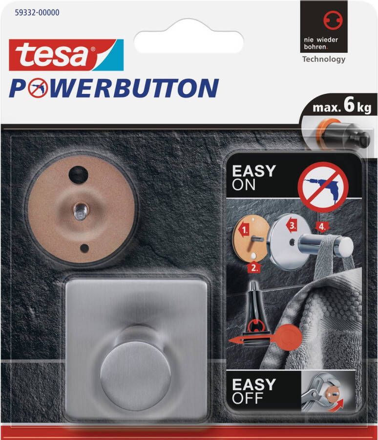 Tesa 2x Powerbutton chroom vierkante haken large Klusbenodigdheden Huishouding Powerbutton Ophanghaken ophanghaakjes Badkamer keuken haken
