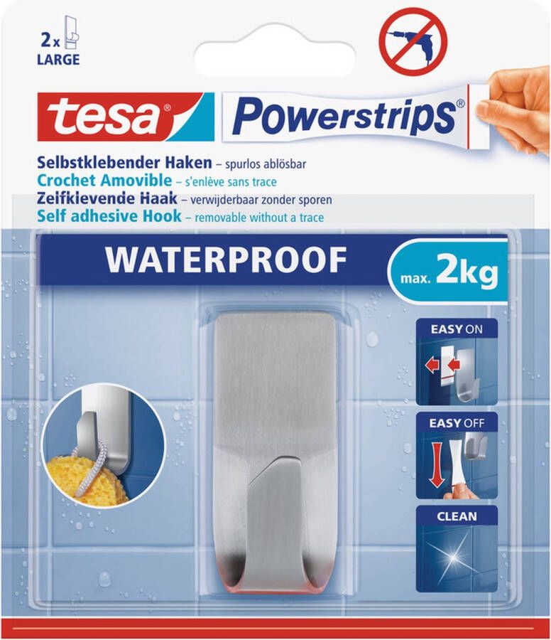 Tesa 2x RVS haak waterproof Powerstrips Klusbenodigdheden Huishouden Verwijderbare haken Opplak haken 1 stuks