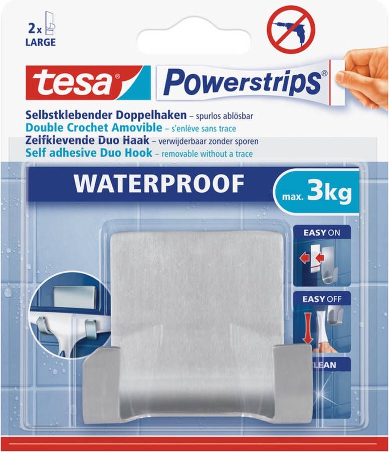 Tesa 3x RVS dubbele haak waterproof Powerstrips Klusbenodigdheden Huishouden Verwijderbare haken Opplak haken 1 stuks