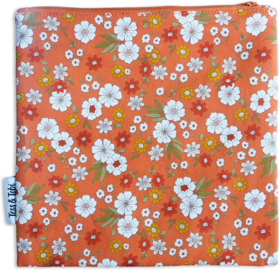 Tess & Tobi Boterhamzakje Oranje met bloemen 22x22cm Herbruikbaar Wasbaar Duurzaam Lunchzakje Lunchtas Lunchbox volwassenen