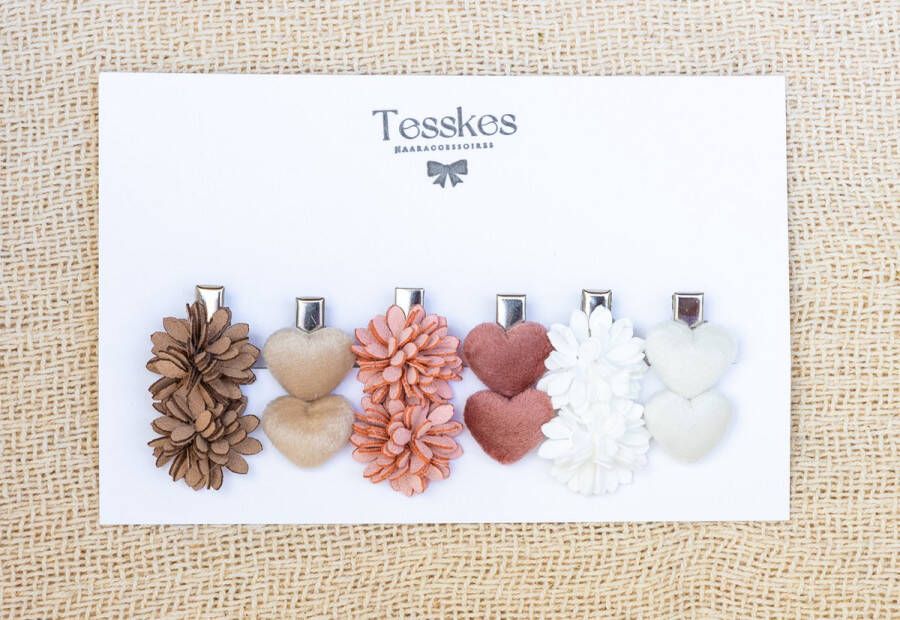 Tesskes Haaraccessoires Hippe Haarclips Set Meisje Kind Baby Haarclips Haarklem Haaraccessoires bloem Handgemaakt Hartjes 6 Stuks