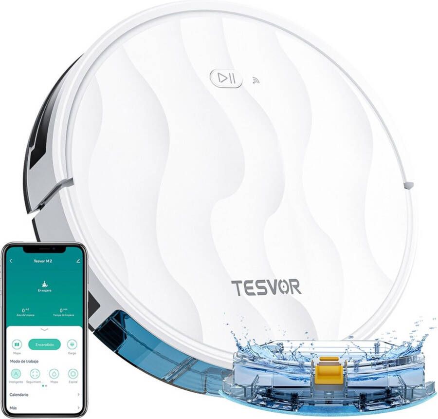 Tesvor Versimple Robotstofzuiger met Dweilfunctie 6000Pa Zuigkracht Gyroscoopnavigatie 600 ml Stofbak App-bediening Afstandsbediening Wit