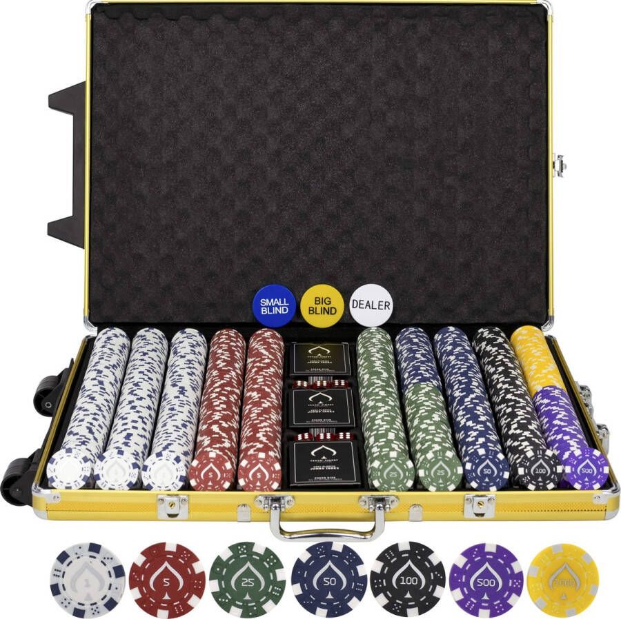 Texas' Finest Golden Pokerset 1000 pokerchips Pokersets Poker Kofferframe Custom Speelkaarten