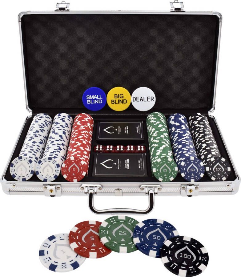 Texas' Finest Zilveren Pokerset 300 pokerchips Pokerchip nummering Waterdichte Speelkaarten