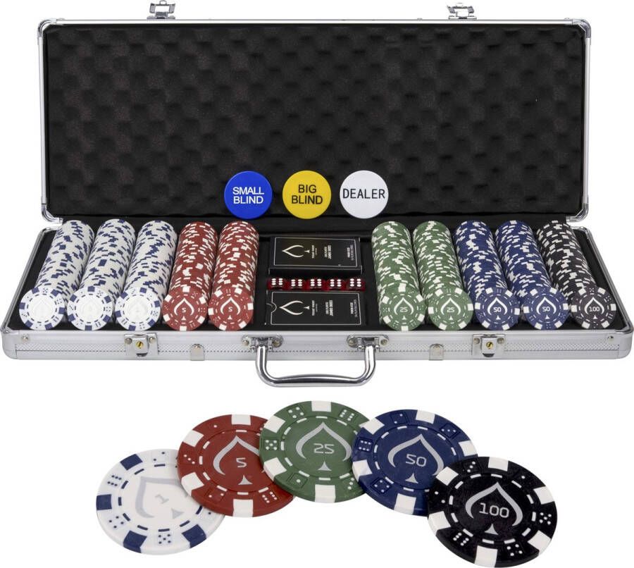 Texas' Finest Silver Pokerset 500 Pokerchips Casino Speelkaarten Poker Chipnummering