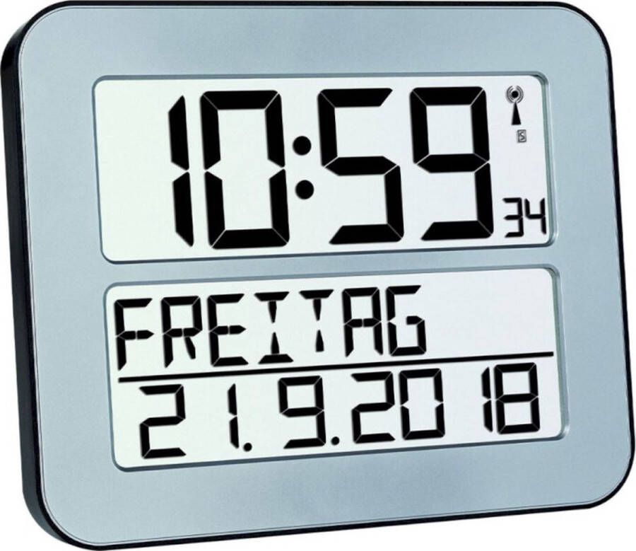 TFA Dostmann 60.4512.54 Klok Digitaal Zendergestuurd 7 talen Tweede tijd Alarm Snooze LCD Zilverkleurig