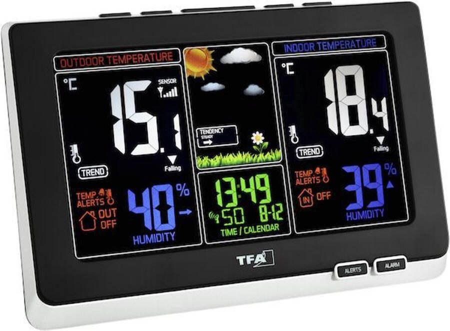 TFA Dostmann 35.1129.01 Weerstation Digitaal Binnen- en buitentemperatuur Binnen- en buitenvochtigheid Radiogestuurde tijdsaanduiding Temperatuuralarm Weersverwachting Datumaanduiding Kleurendisplay 7 talen Zwart Wit