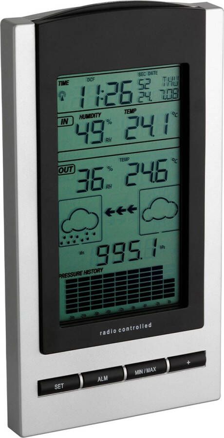 TFA Dostmann TFA-Dostmann 35.1083.54 Weerstation Digitaal Tafel of Wandstation Binnentemperatuur Binnenvochtigheid Radiogestuurde tijdsaanduiding Datumaanduiding Alarm Snooze Zilverkleurig Zwart