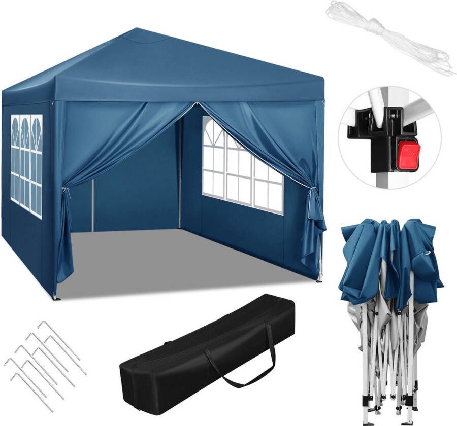 THA Manzibo Pop-Up Partytent Tent Tuin Voor Camping Pop-up Tent Feesttent 4 Palen Open zijkant Blauw