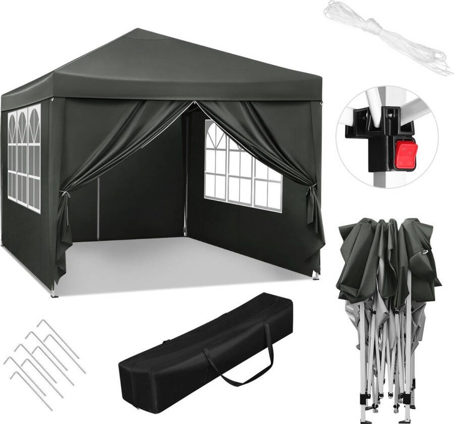 THA Manzibo Pop-Up Partytent Tent Tuin Voor Camping Pop-up Tent Feesttent 4 Palen Open zijkant Grijs