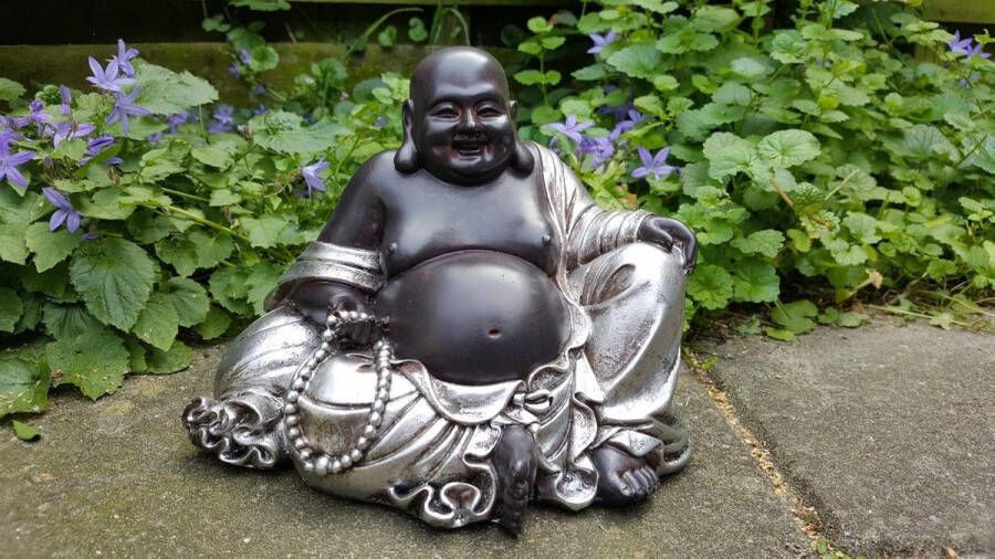 Thasth Design Lucky Boeddha Beeld Polyresin Zwart Zilver 18 cm
