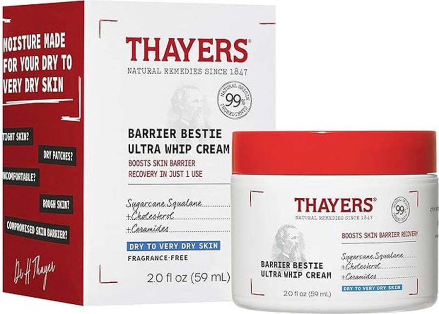 THAYERS Barrier Bestie Ultra Whip Face Cream Moisturizer with Sugarcane Squalane and Ceramides Skin Care for Dry to Very Dry Skin 59ml