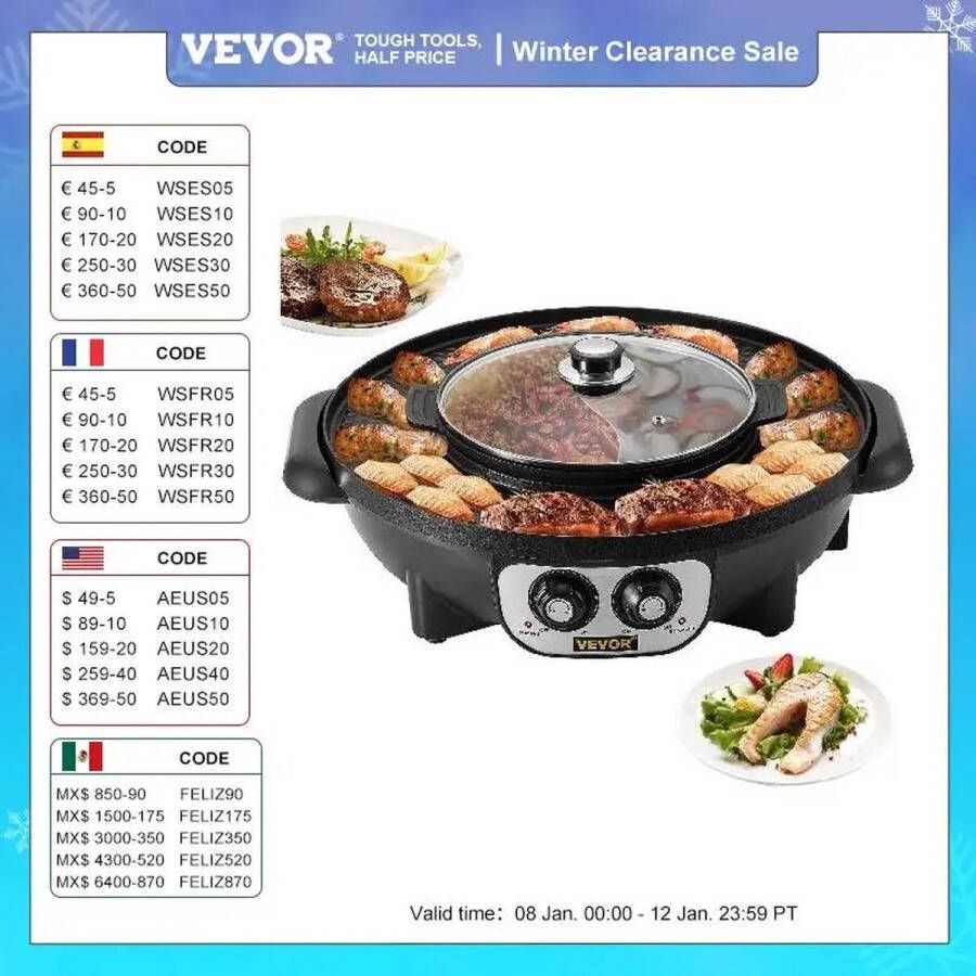 THcom Vervor 2in1 HotPot BBQ Grill Fondue Elektrische set Steengrill