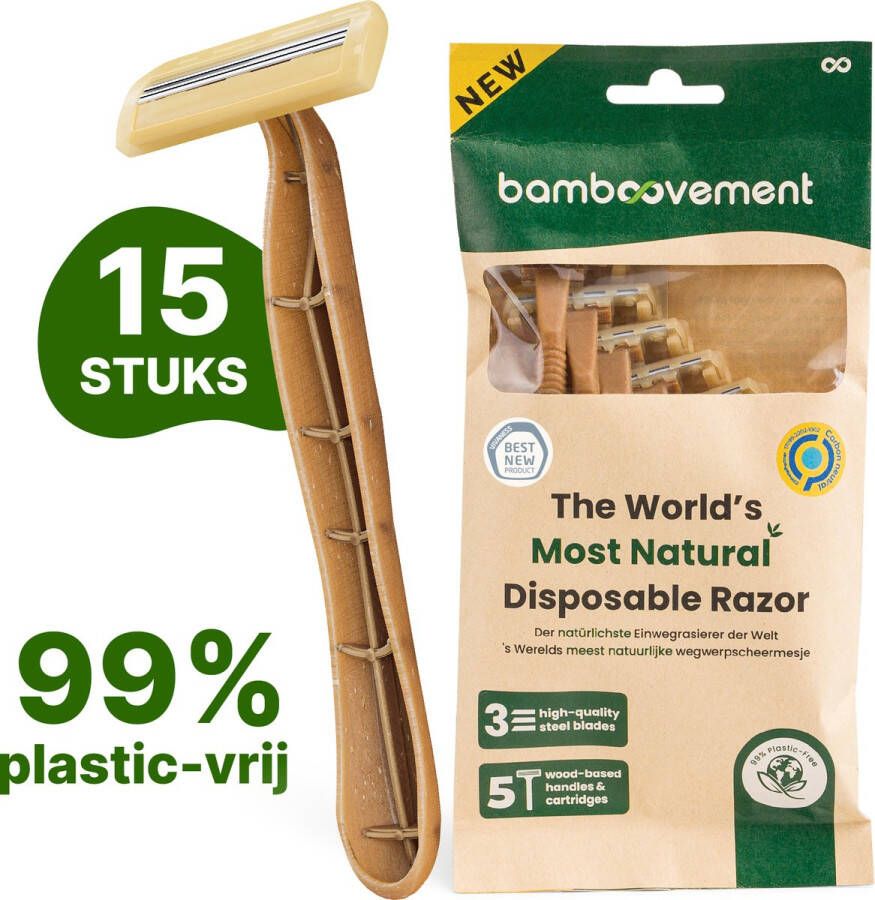 The Bamboovement Duurzame Scheermesjes (15 stuks) Wegwerp Scheermesjes voor Mannen & Vrouwen Zero Waste 99% Plasticvrij