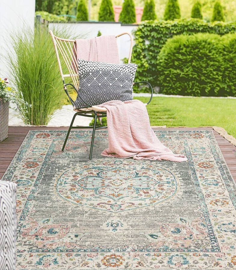 The carpet Palma Robuust outdoor Vloerkleed modern design weerbestendig en uv-bestendig voor balkon terras en serre maar ook geschikt voor keuken of eetkamer grijs-Oosters 80 x 150 cm