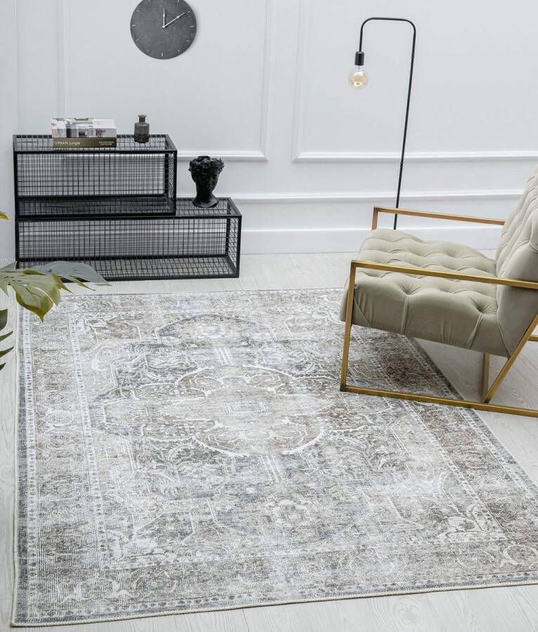 The carpet Vintage gebruikte stijl Vloerkleed voor binnen in Grijs-Bruin 160x230 cm Rechthoek Laagpolig Wasbaar Katoenen ondertapijt Oosterse stijl ZEN Kleed by