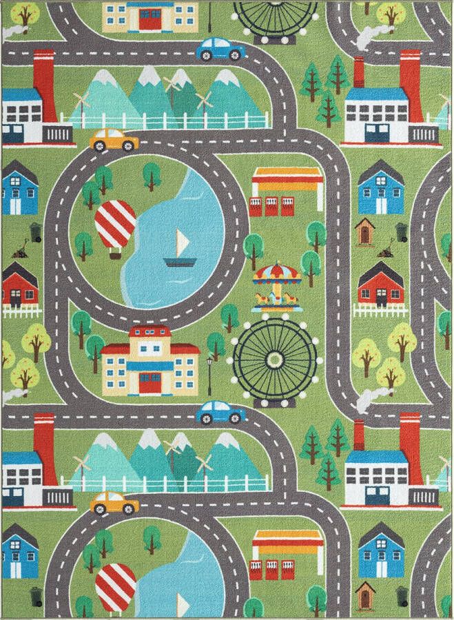 The carpet Vloerkleed Happy Life Kinderkamer kindertapijt speeltapijt wasbaar straattapijt straat stad auto groen 100 x 200 cm