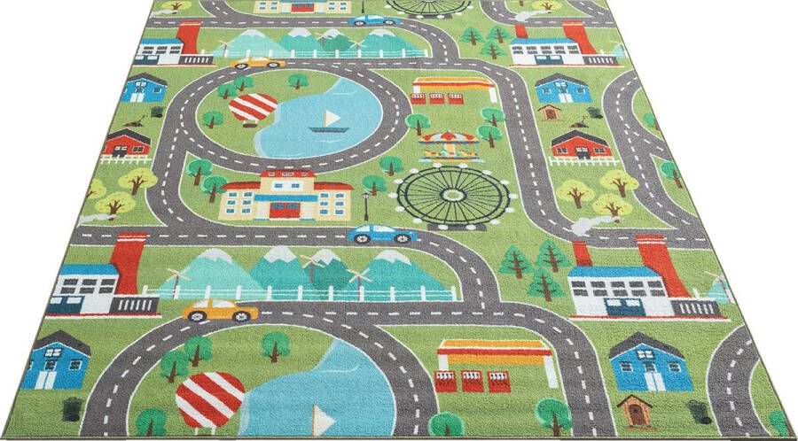 The carpet Vloerkleed Happy Life Kinderkamer kindertapijt speeltapijt wasbaar straattapijt straat stad auto groen 100 x 200 cm