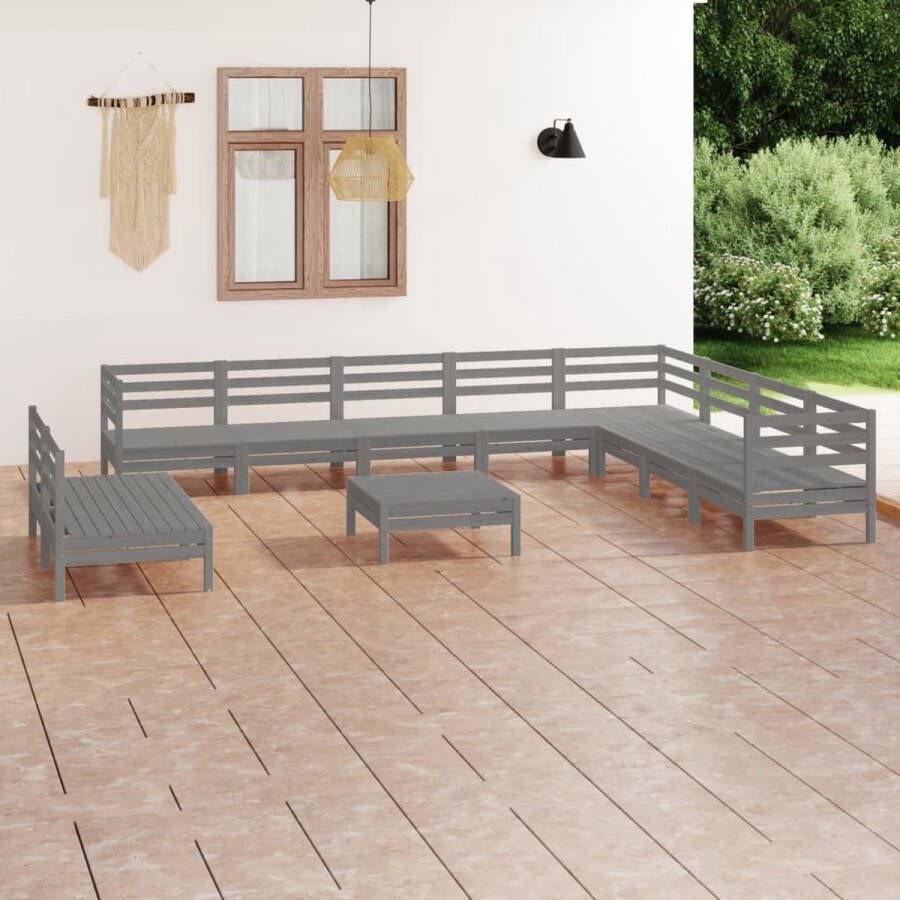 The Living Store Houten Tuinset 3 Hoekbank 7 Middenbank 1 Voetenbank Tafel Grijs Massief Grenenhout 63.5 x 63.5 x 62.5 cm (L x B x H)