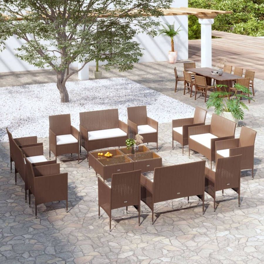 The Living Store Loungeset Poly Rattan 2-zitsbanken armstoelen tafel en kussens Bruin en crèmewit Montage vereist