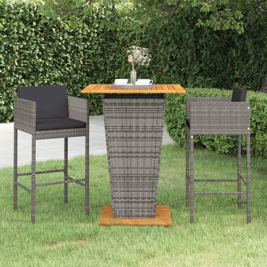 The Living Store Tuinbarset Grijs PE-rattan 80x80x110cm Met kussens Bartafel met 2 barkrukken