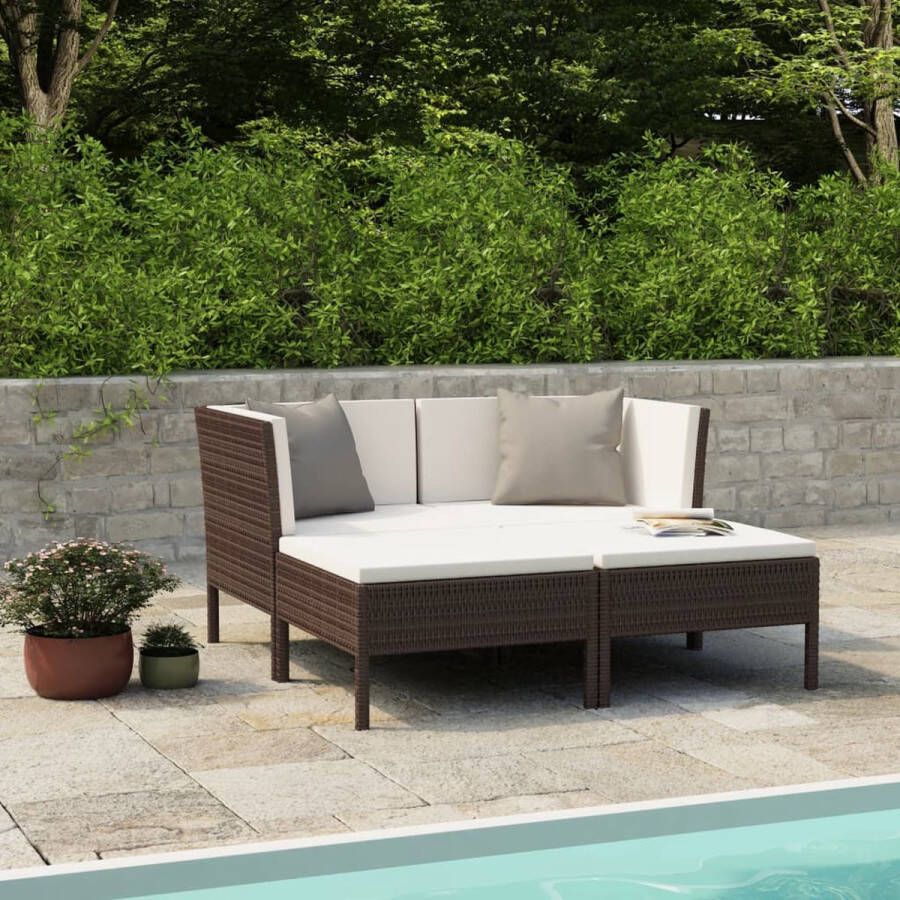 The Living Store 4-delige Loungeset met kussens poly rattan bruin Tuinset