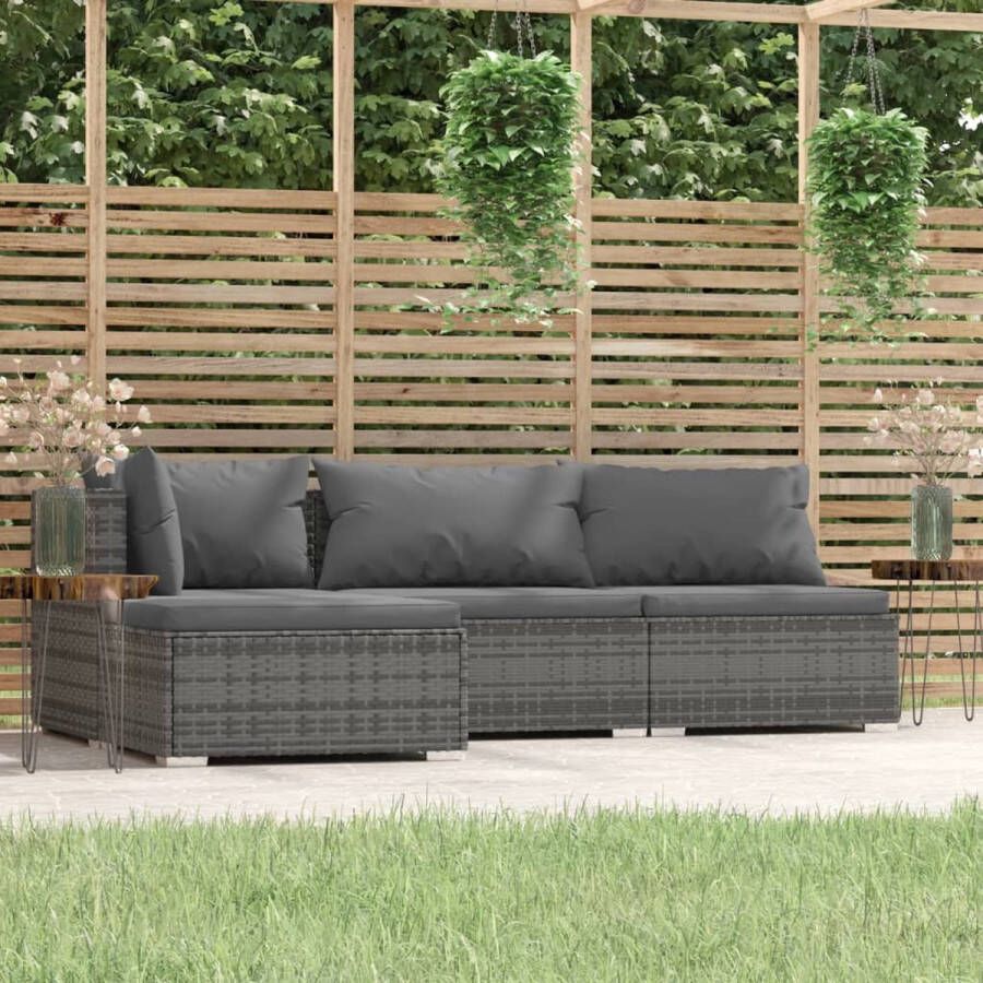 The Living Store 4-delige Loungeset met kussens poly rattan grijs Tuinset