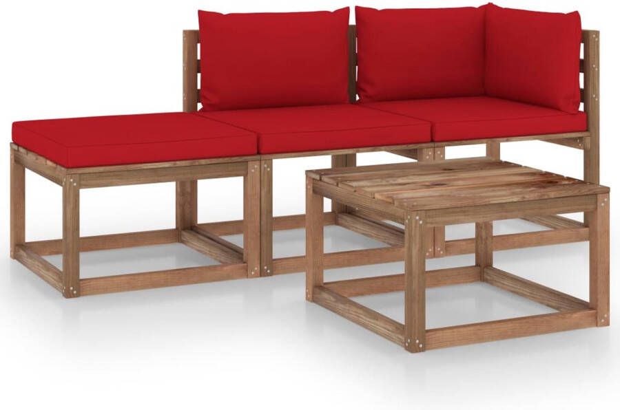 The Living Store Pallet Loungeset Hoekbank 64x64x70cm Middenbank 60x64x70cm Tafel Voetenbank 60x60x36.5cm Rood kussen Grenenhout bruin geïmpregneerd