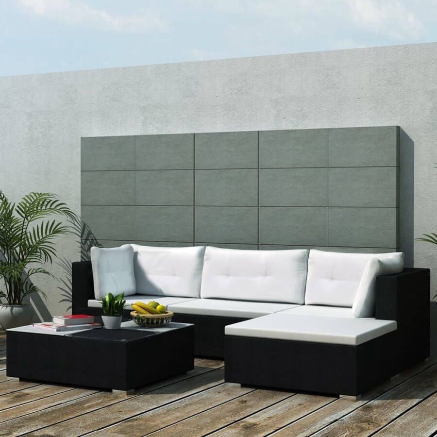 The Living Store -5-delige-Loungeset-met-kussens-poly-rattan-zwart Tuinset