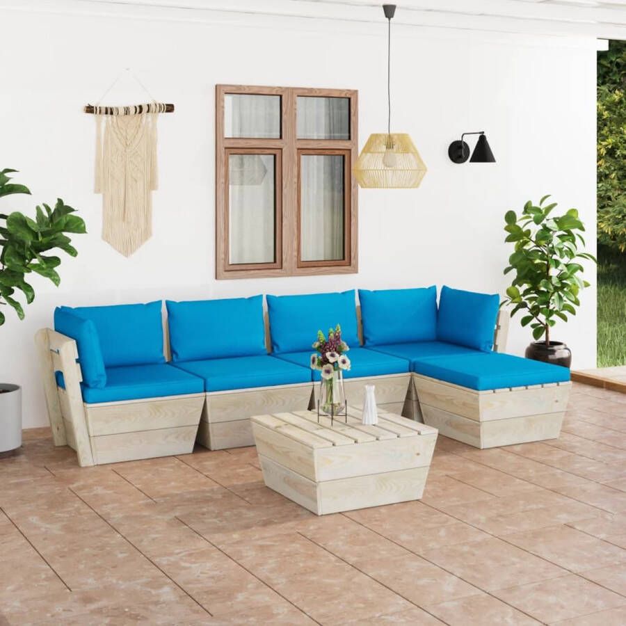 The Living Store Pallet Lounge Tuinset 6-delig Lichtblauwe Kussens Geïmpregneerd Vurenhout