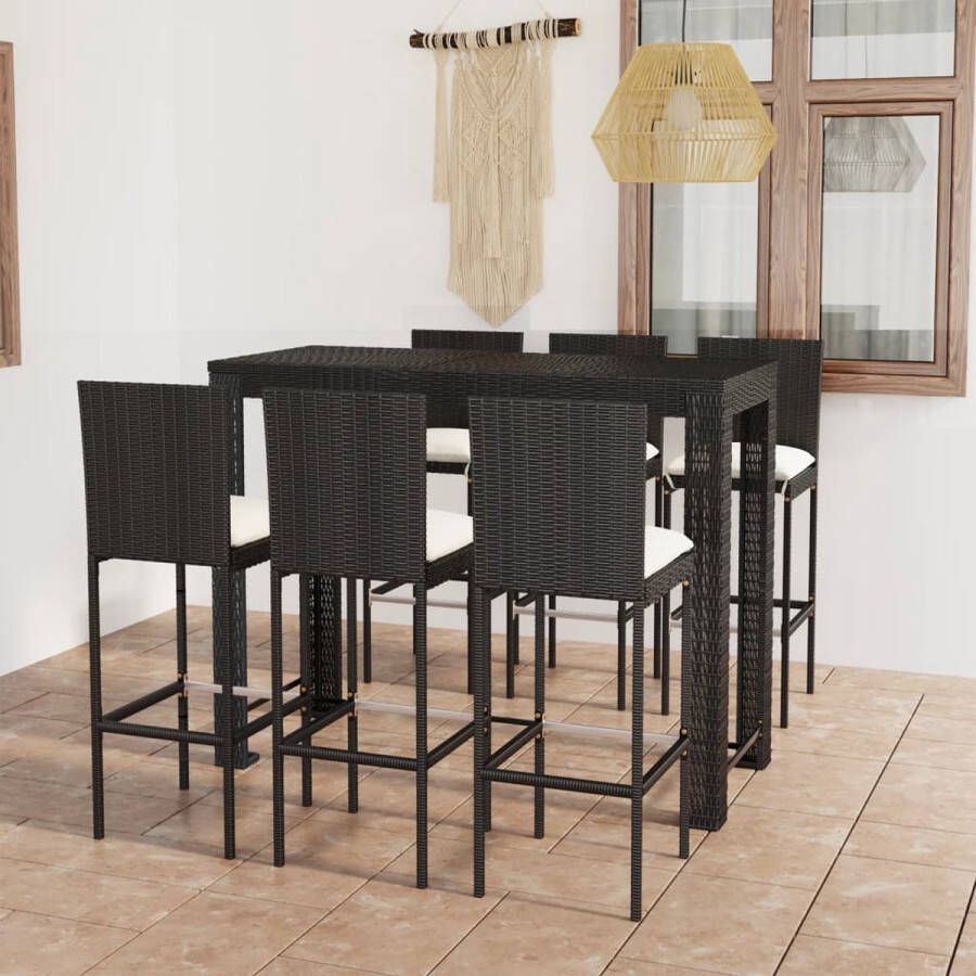 The Living Store Barset Rattan Zwart 140.5 x 60.5 x 110.5cm 6 krukken Inclusief kussens