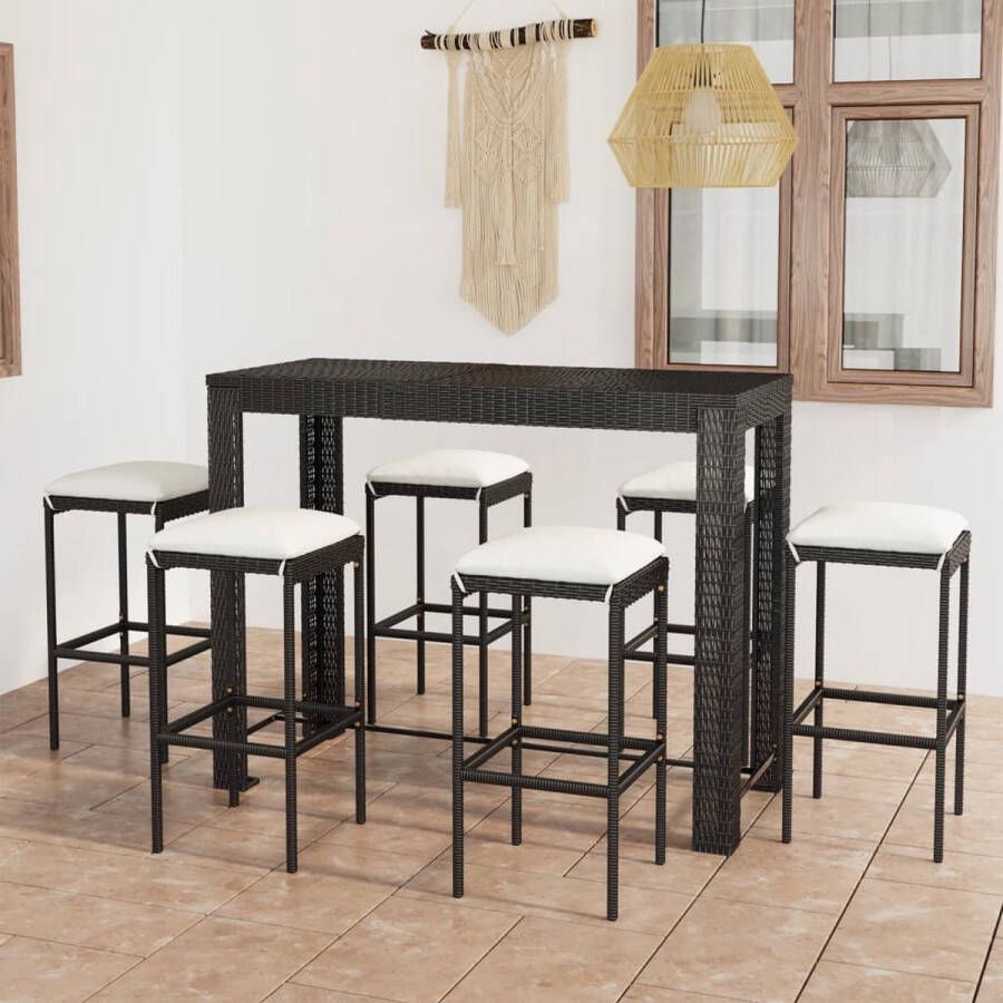 The Living Store Barset Oasi Tafel- 140.5 x 60.5 x 110.5 cm Stoel- 38 x 38 x 76 cm Zwart PE-rattan en stalen frame Incl 6 krukken en kussens