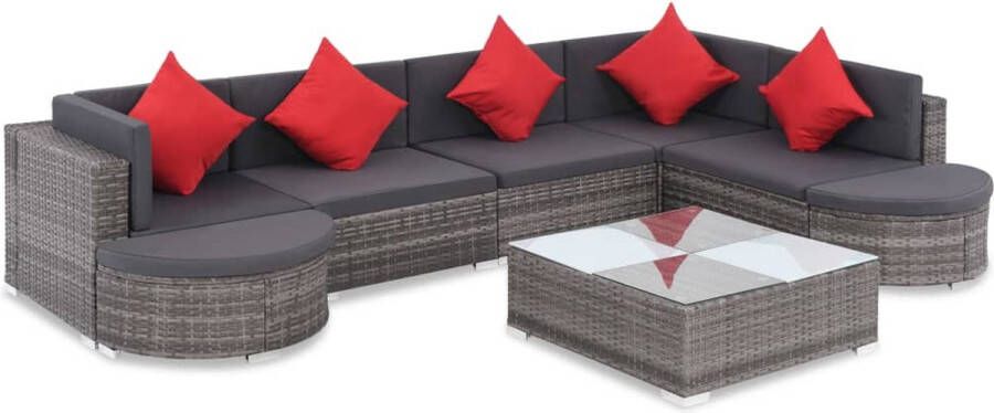 The Living Store Loungeset Poly Rattan Grijs 2 Hoekbanken 3 Middenbanken Salontafel 2 Halfronde Krukken Rode Kussentjes Kussens PE Rattan Stalen Frame Waterbestendig