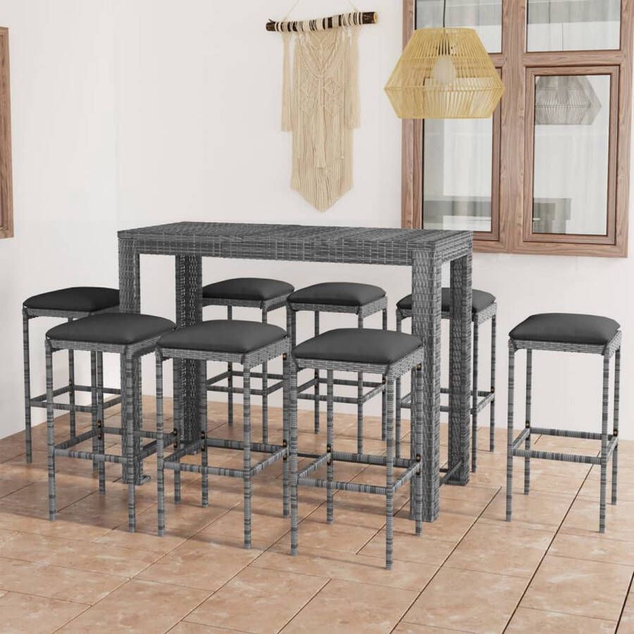 The Living Store Barset Grijs Tafel- 140.5 x 60.5 x 110.5 cm Stoelen- 38 x 38 x 76 cm Inclusief 8 krukken en kussens