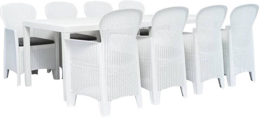 The Living Store Rattan-look tuinset tafel 220 x 90 x 72 cm stoelen 59 x 57 x 89 cm wit kunststof 8 stoelen 8 zitkussens