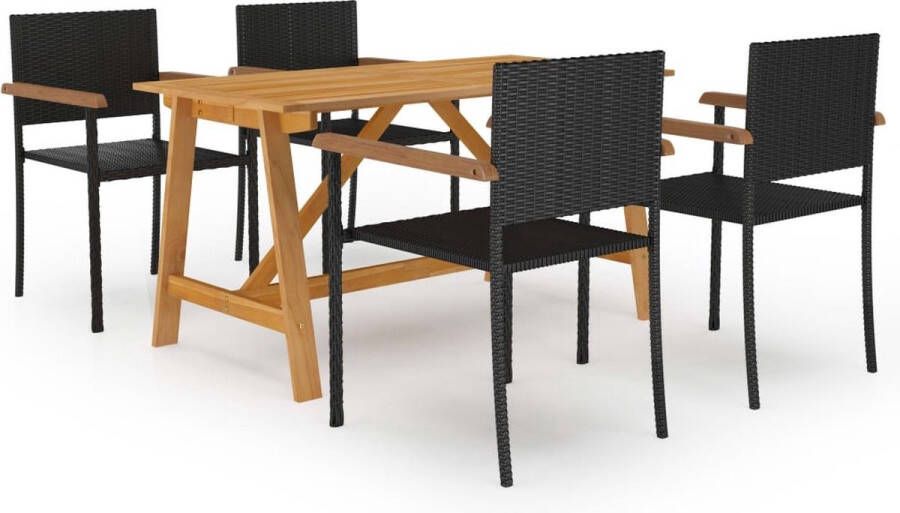 The Living Store Acacia Garden Dining Set 140 x 70 x 73.5 cm Brown Black PE Rattan and Powder-Coated Steel