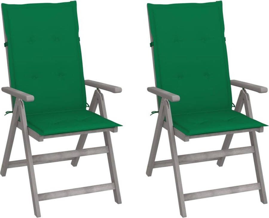 The Living Store Acacia Stoelenset Buitenruimte verhoogt met verstelbare armstoelen Massief acaciahout greywash Stabiel duurzaam opvallend Incl waterdichte kussens Groen 56x70x110 cm Montage vereist 2x stoel met kussen